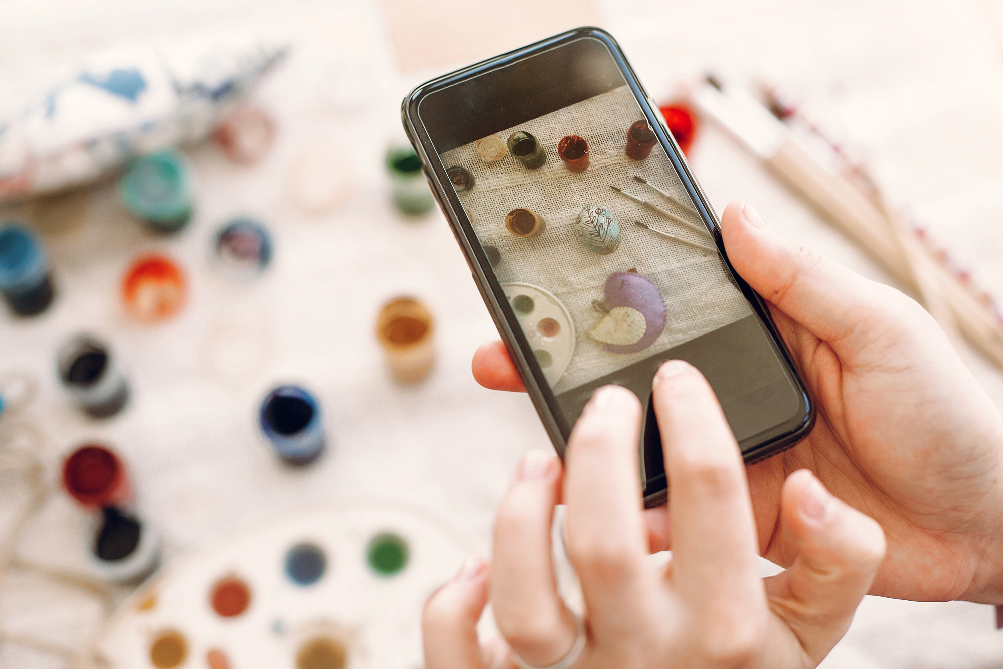 Instagram and Blogging Photography Concept. Hands Holding Phone