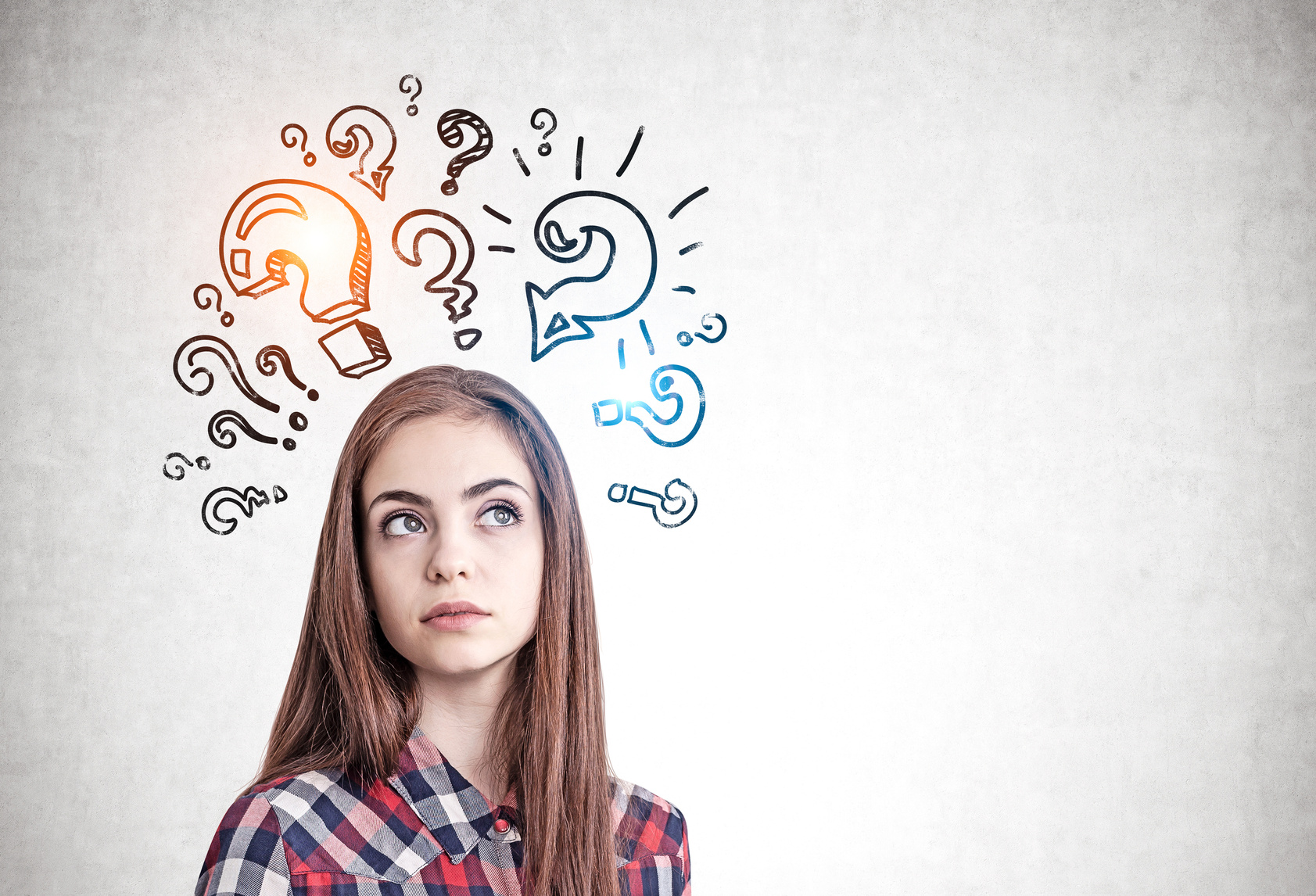 Thinking casual woman, question marks