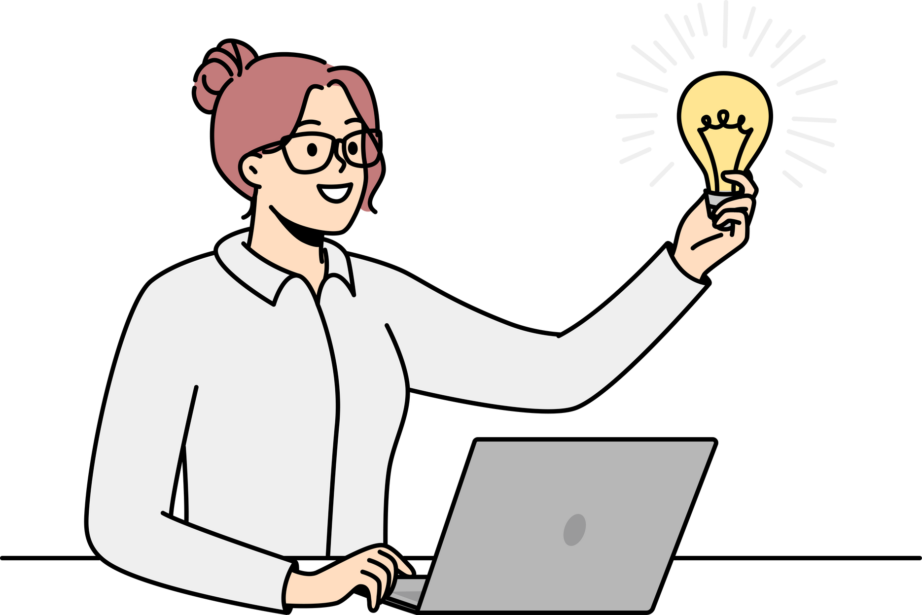 Businesswoman in Glasses Holds Lit Light Bulb in Front of Her.