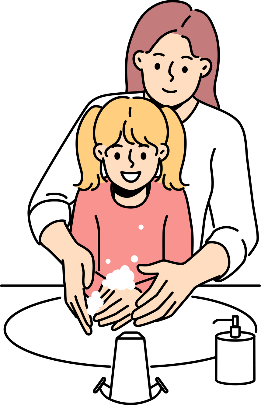 Happy mother and daughter washing hands