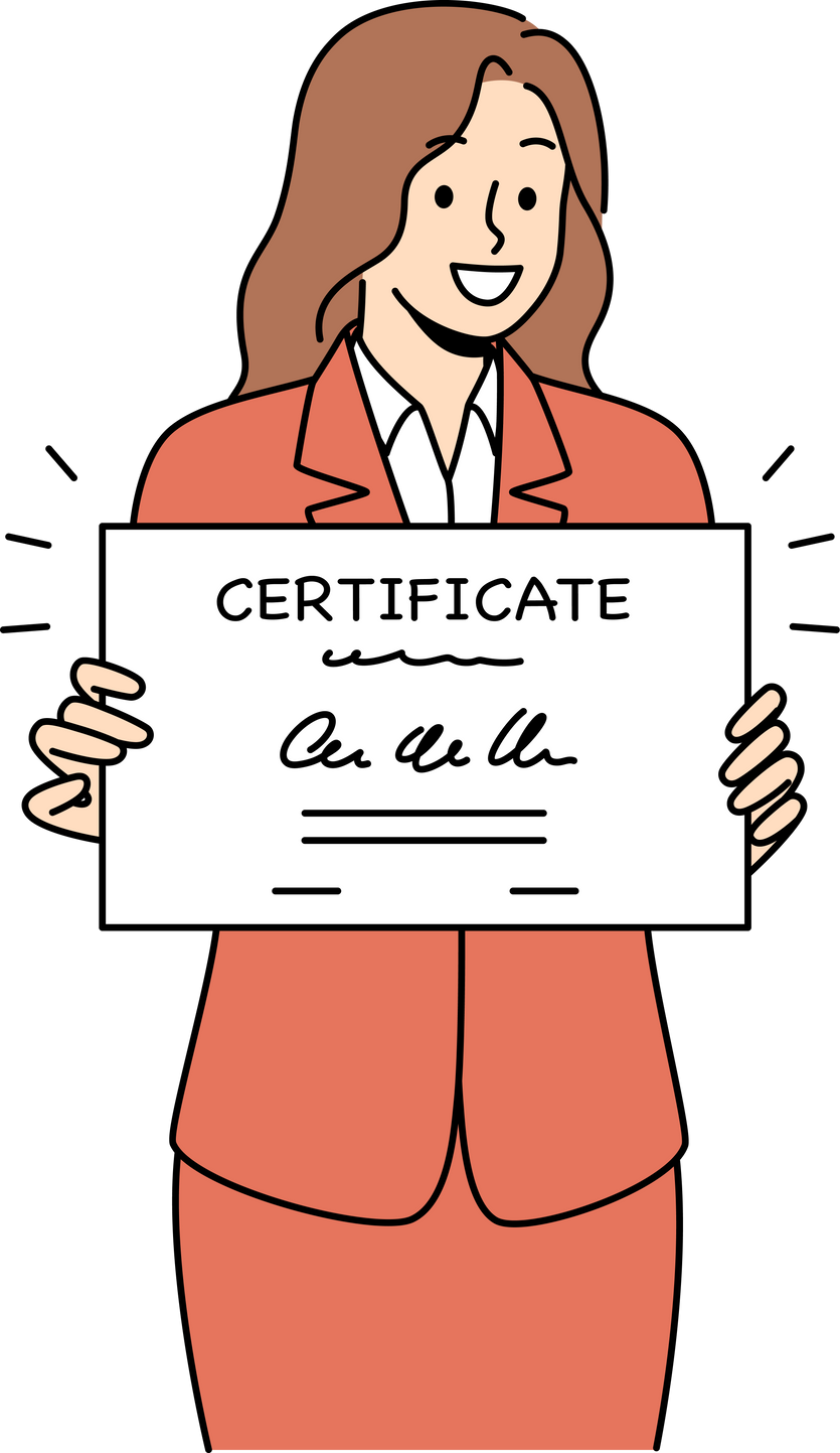 Business woman holds certificate confirming completion of professional education courses